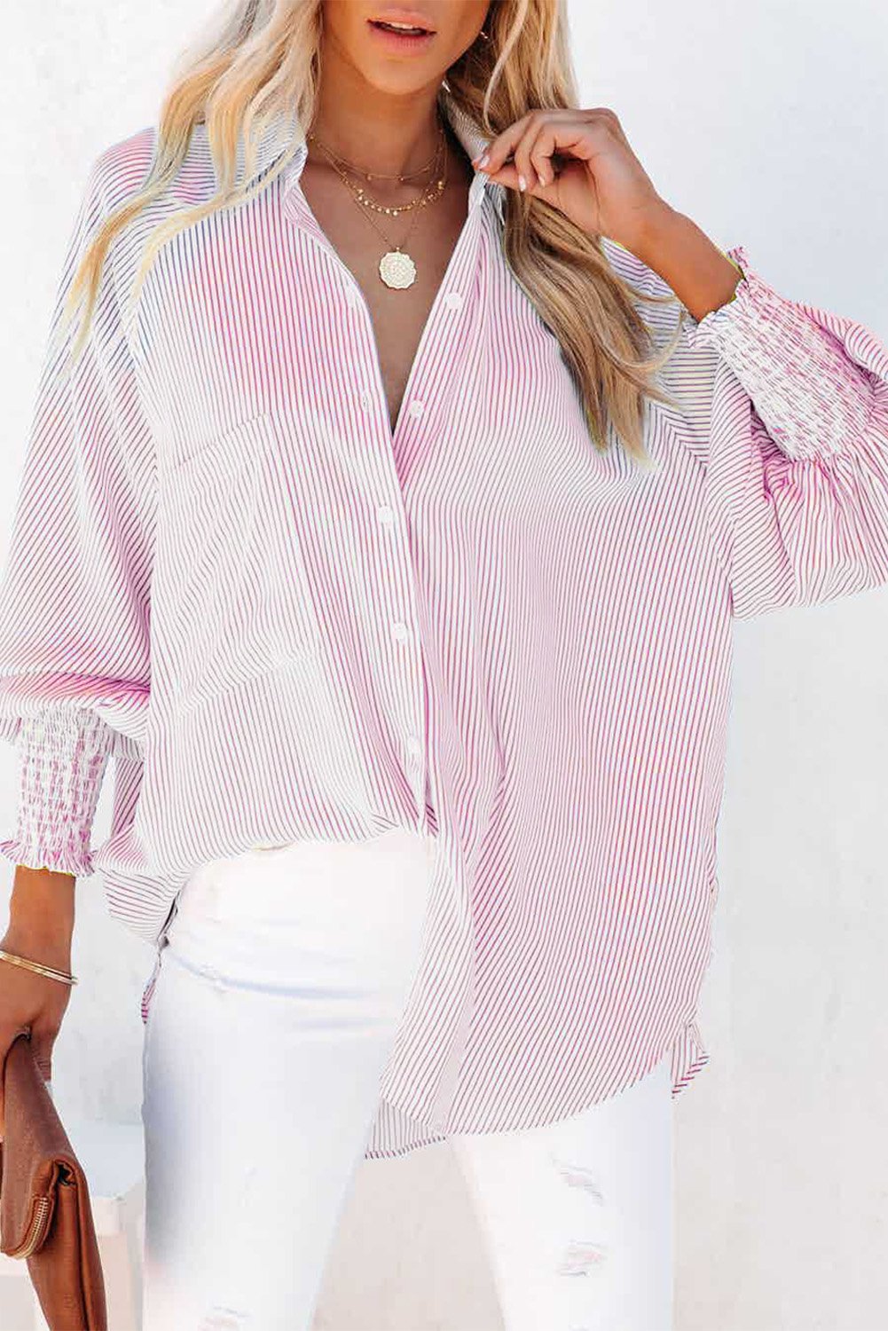 This Week's Special Price $24.99 Mid-length shirt with striped lapel and oversized drawdown sleeves