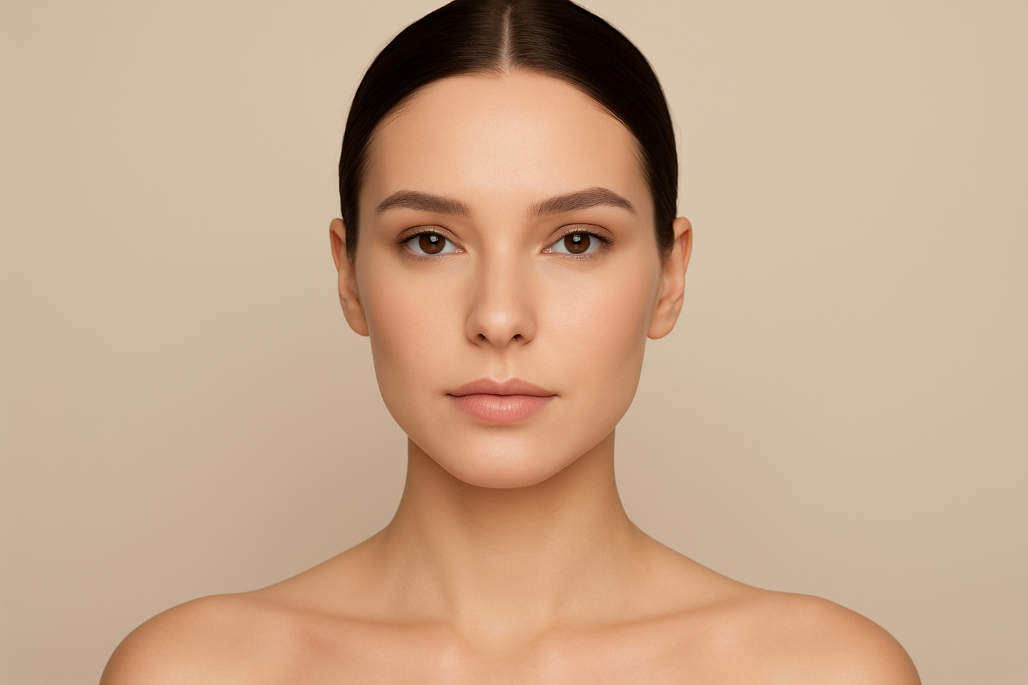 Female model portrait with makeup, showing improved skin complexion against a beige background